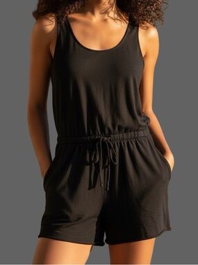 PACT Organic Cotton Black Tie Waist Romper Pockets Casual Minimalist L